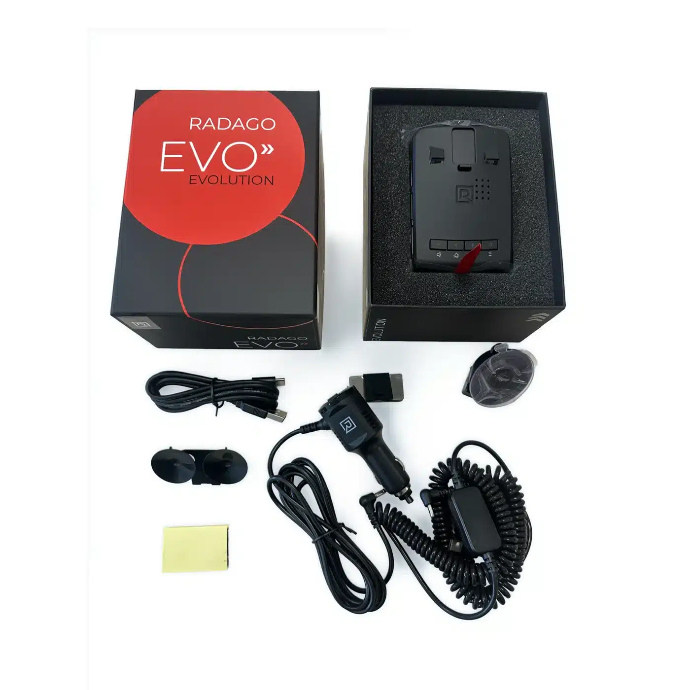 Contenido de la caja del RADAGO EVO: equipo, soporte, cables y adaptador