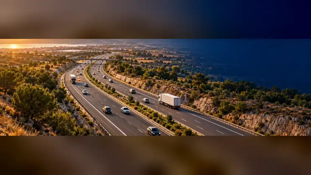 Autovía al atardecer vista desde el aire, control aéreo de la DGT